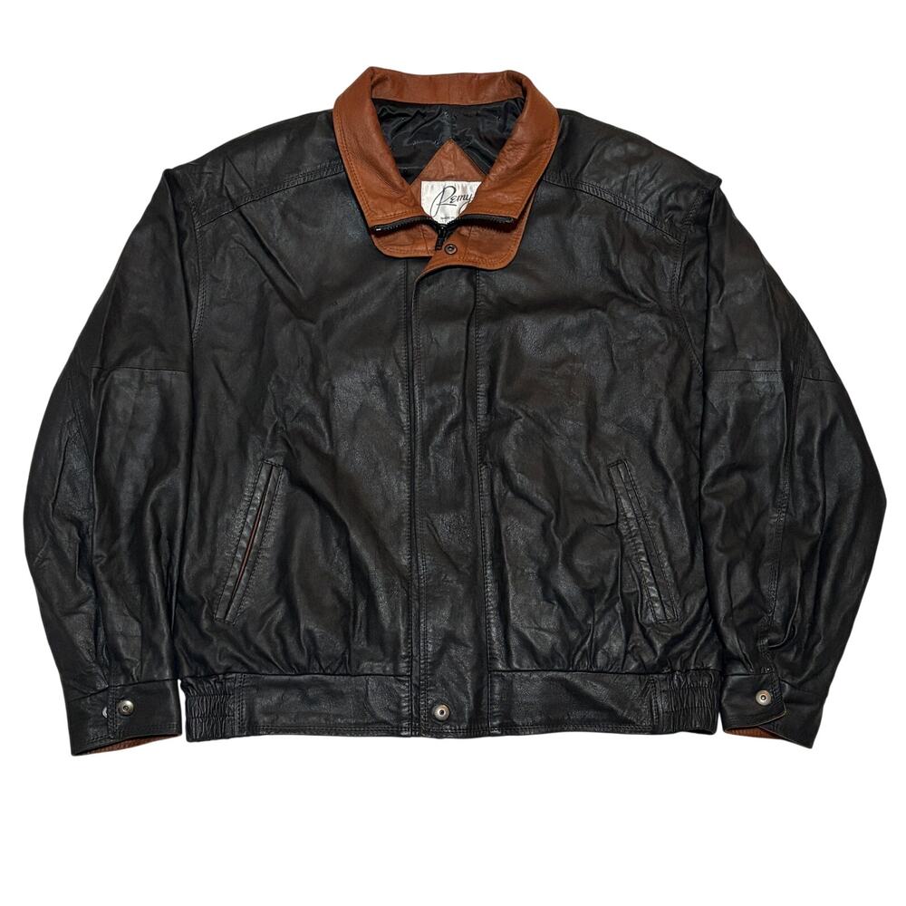 VTG Remy Leather Jacket Mens 42 2XL Black Bomber Double Collar Made in USA